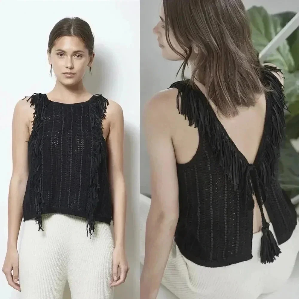 Fringed Black Knit Tank Top - Women's Sleeveless V-Back